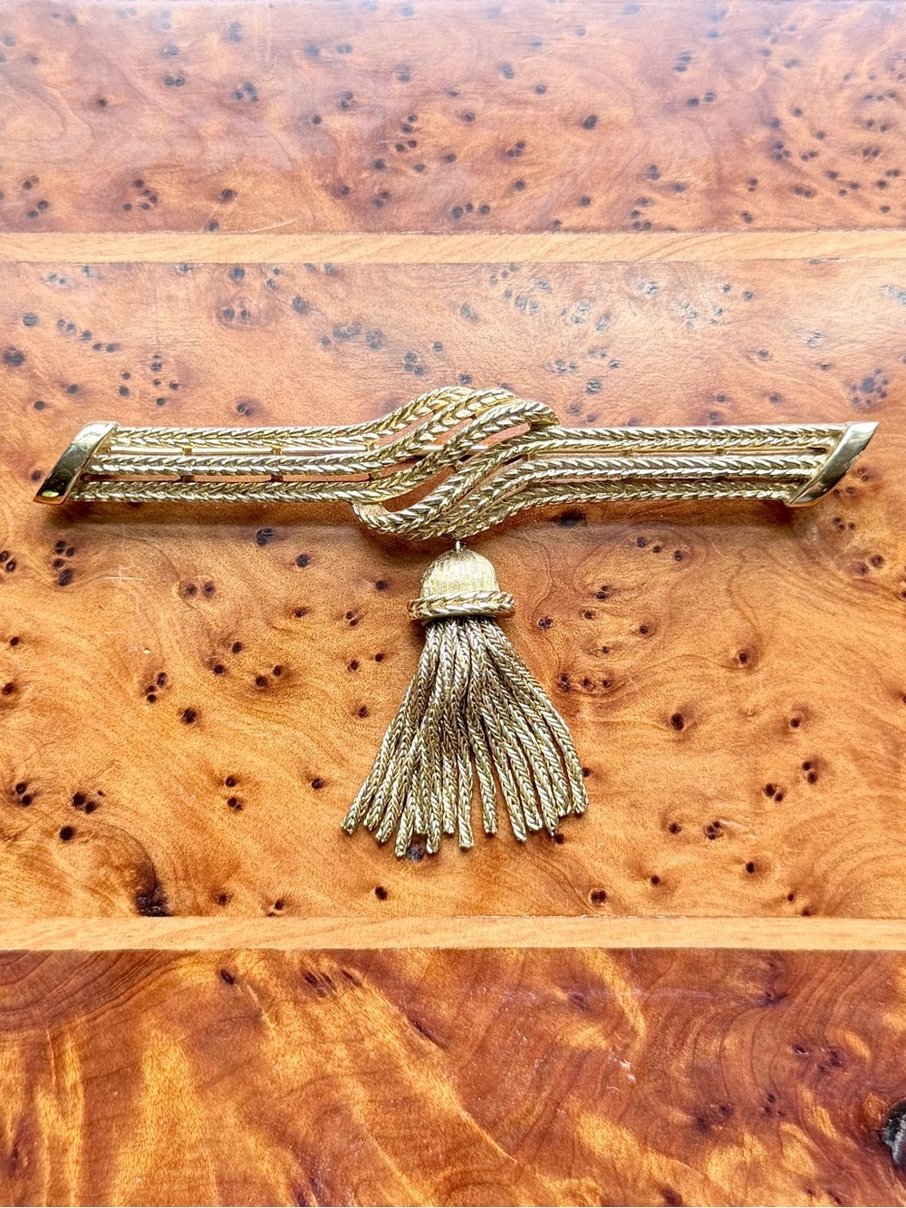 Vintage Crown Trifari Textured Gold-Tone Bar Brooch; Mid-Century Tassel Pin